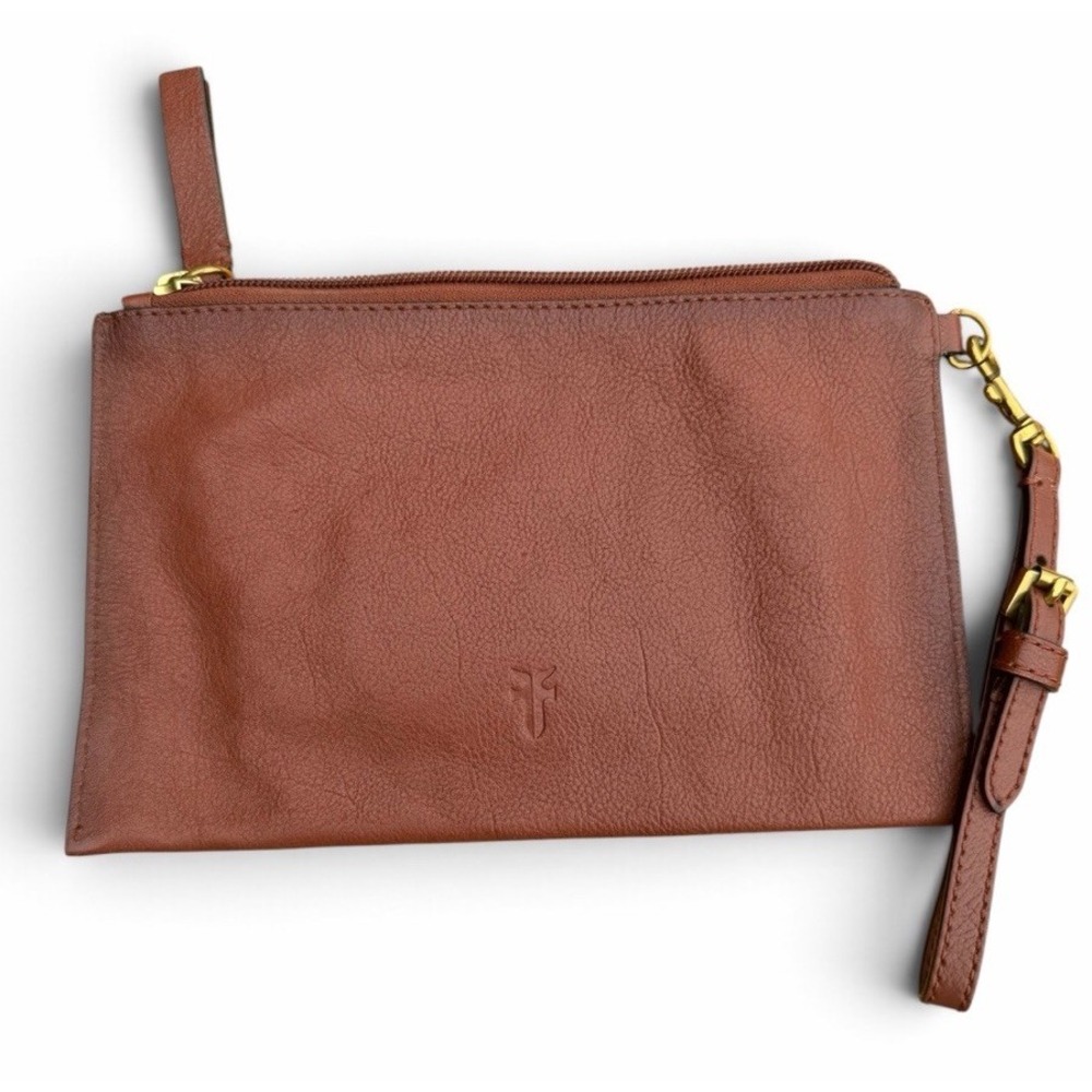 Frye Cognac Brown Leather Wristlet Wallet Clutch Zip Pouch Fits Cell DB0625
